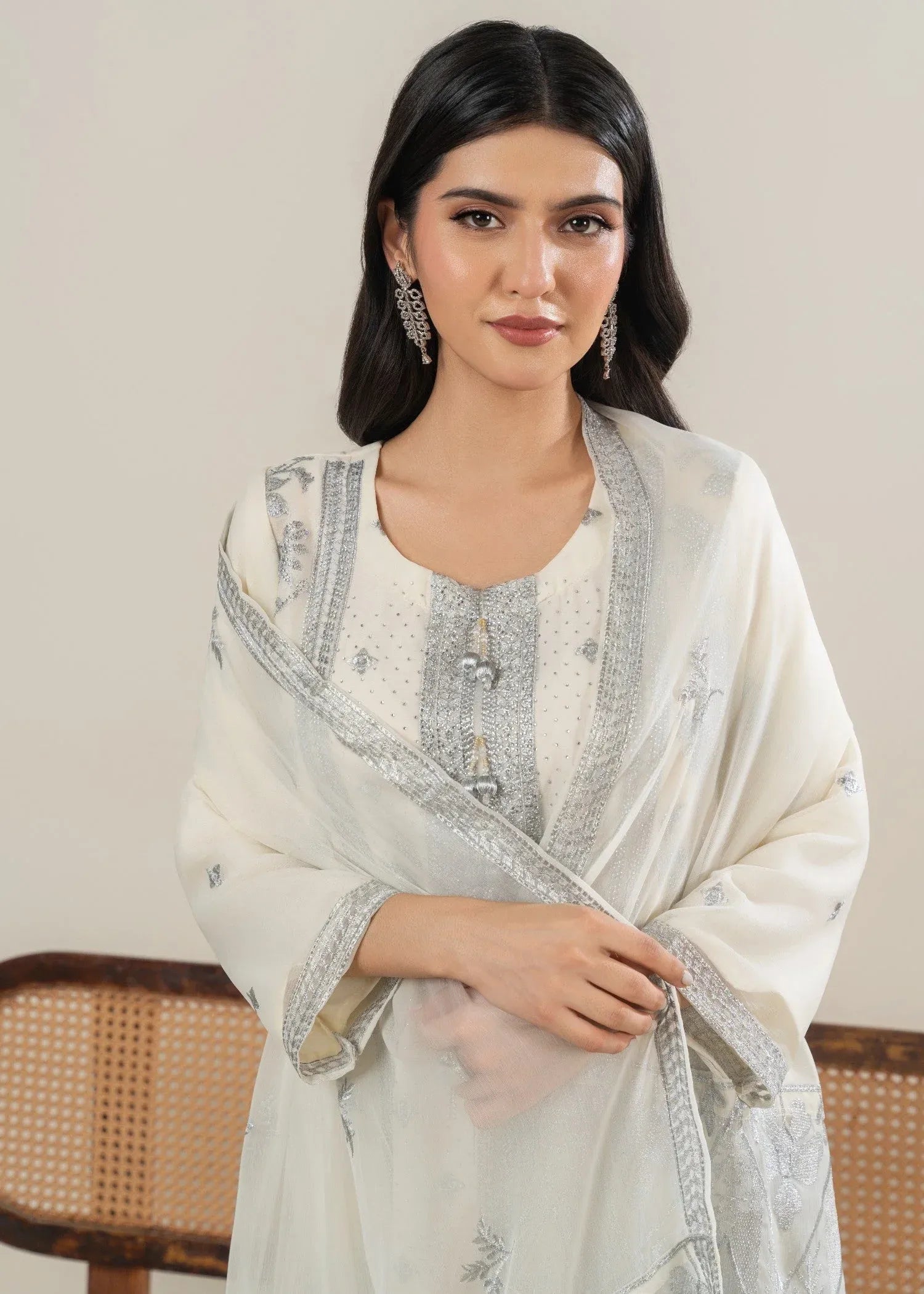 Pakistani cream embroidered chiffon dress for weddings
