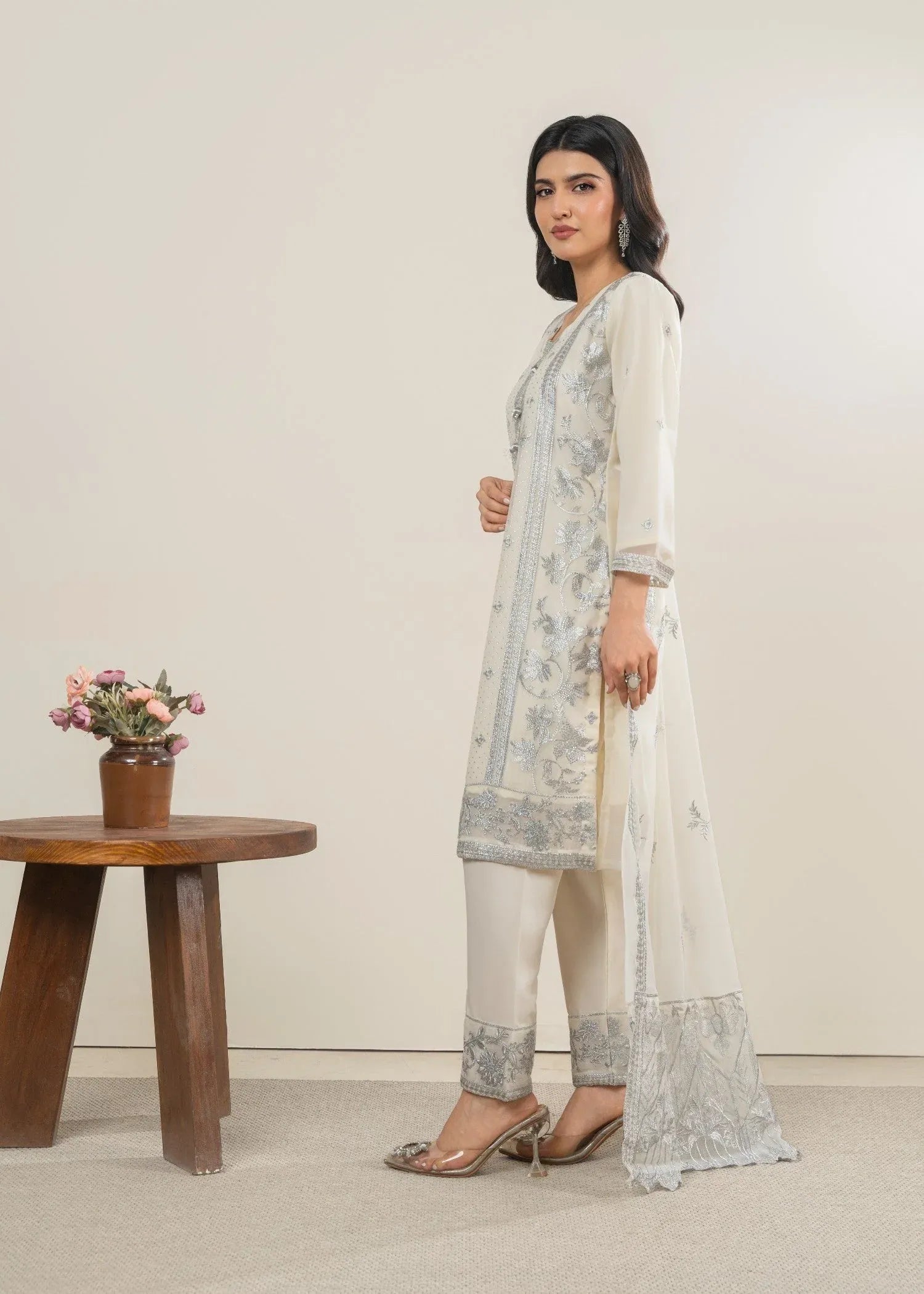 Cream chiffon 3 piece Pakistani party wear dress
