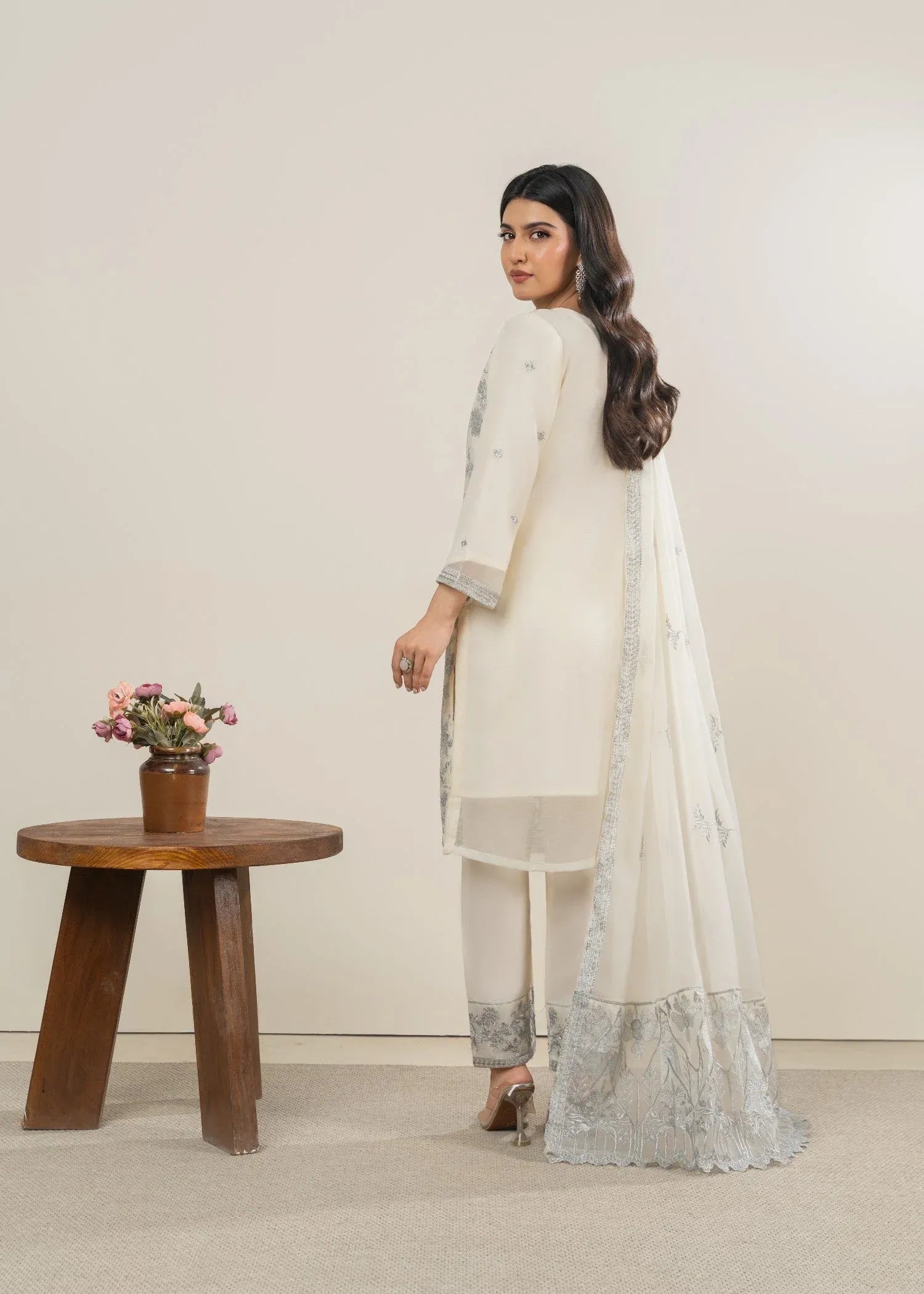 Mehrosh Cream embroidered chiffon Pakistani suit